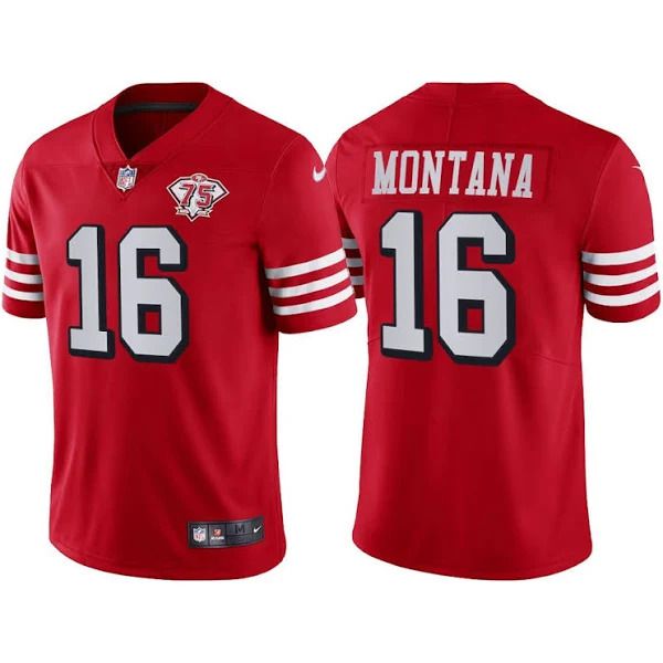 Men San Francisco 49ers 16 Joe Montana Red Nike 75th Anniversary Throwback Limited Jersey